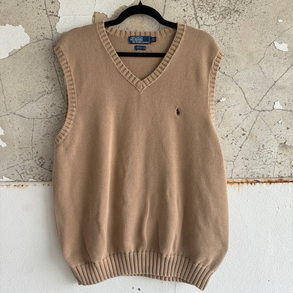Polo Ralph Lauren Sweater Vest Vtg 90s Tan 100% Cotton Knit V Neck Hong Kong XLT